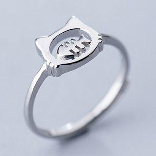 925 Sterling Silver Cat & Fish Open Ring Silver - One Size