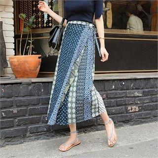 Patterned Long Surplice-wrap Skirt