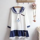 Long-sleeve Sailor Collar Cartoon Print Lace Trim Dress White & Blue - One Size