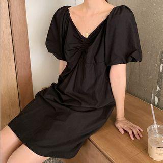 Puff-sleeve V-neck Smock Dress