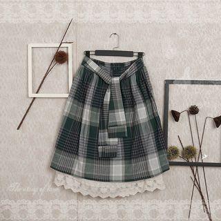 Lace Panel Plaid A-line Skirt