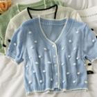 Pompom-accent Button-up Crop Knit Top