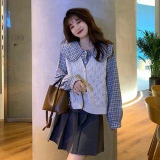 Peter Pan Collar Plaid Shirt + Knit Vest