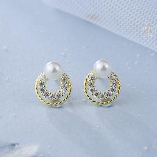 925 Sterling Silver Faux Pearl Stud Earring 1 Pair - E134 - Gold - One Size