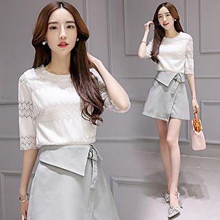 Set: Lace Elbow-sleeve Top + A-line Skirt