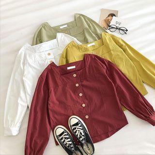 Plain Square-neck Single-breasted Long-sleeve Blouse