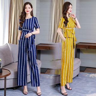 Set: Striped Short-sleeve Top + Straight-fit Pants