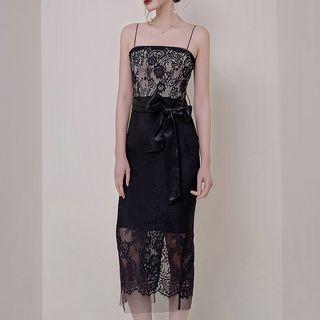 Spaghetti-strap Midi Lace Sheath Dress