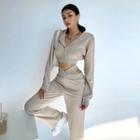 Set: Hooded Zip Cropped Jacket + Cross Strap Wide-leg Pants
