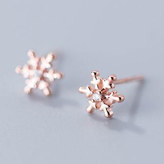 925 Sterling Silver Rhinestone Snowflake Stud Earring 1 Pair - S925 Silver Stud - Rose Gold - One Size