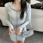 Long-sleeve Hooded Zipped Mini Sheath Dress Light Gray - One Size