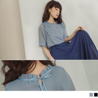 Frilled Trim Tie-back Elbow-sleeve Chiffon Top