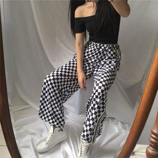 Checkerboard Drawstring-cuff Wide Leg Pants