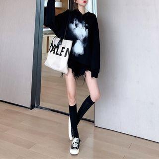 Long-sleeve Print Hooded Top Black - One Size