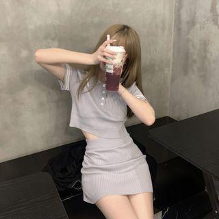 Short-sleeve Striped Knit Cropped Polo Shirt + High-waist Plain Knit Skirt Gray - One Size