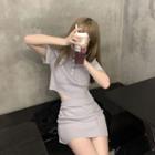 Short-sleeve Striped Knit Cropped Polo Shirt + High-waist Plain Knit Skirt Gray - One Size