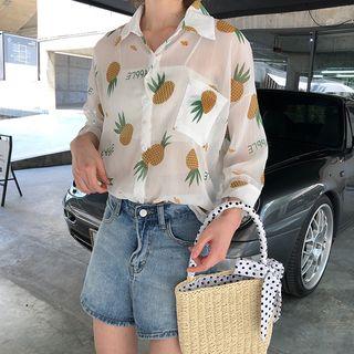 3/4-sleeve Pineapple Print Chiffon Shirt As Shown In Figure - One Size