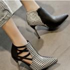 Plaid Panel Faux Leather Pointed High-heel Ankle Boots