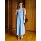 Dual-pocket Denim Long Pinafore Dress
