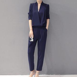 Set: Plain Split Neck Long Sleeve Blouse + Plain Straight Cut Pants