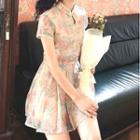 Set: Floral Short-sleeve Top + Pleated Skirt