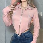 Long-sleeve Embroidered Crop Polo Shirt