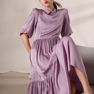 Plain Collared Midi A-line Dress