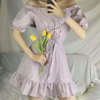 Short-sleeve Plaid Mini A-line Dress As Shown In Figure - One Size