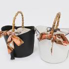 Beribboned Bamboo-handle Bucket Bag