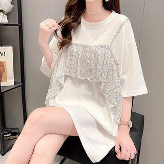 Elbow-sleeve Mock Two-piece Sequin Mini T-shirt Dress