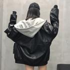 Hooded Faux Leather Baseball Jacket Black - One Size