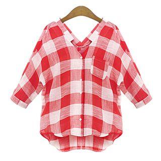 Gingham V-neck Elbow Sleeve Shirt