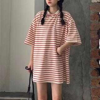 Striped Elbow-sleeve Polo Tunic