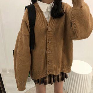 Long-sleeve Plain Knit Cardigan Coffee - One Size