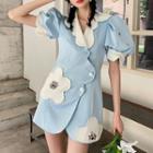 Puff-sleeve Rhinestone Flower Mini A-line Dress