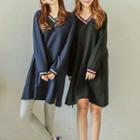 Long-sleeve V-neck Contrast-stripe Dress