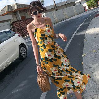 Open Back Flower Print Midi Spaghetti Strap Dress