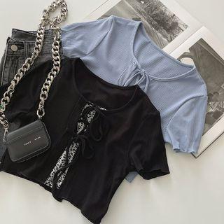 Short-sleeve Tie-front Top / Leopard Print Camisole Top