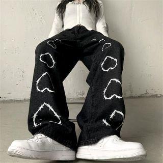 Heart Pattern High Waist Loose Fit Jeans