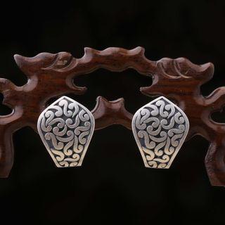 Embossed Sterling Silver Earring 1 Pair - Silver & Black - One Size
