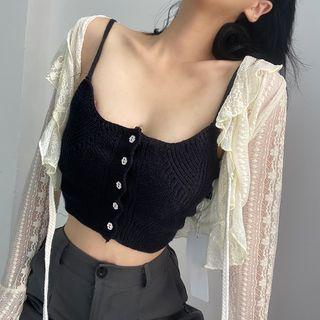 Ruffle Trim Crop Lace Cardigan Black - One Size