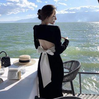 Long-sleeve Bow Back Midi Sheath Dress