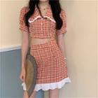 Set: Short-sleeve Checked Cropped Blouse + A-line Mini Skirt