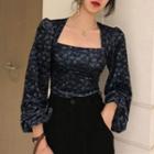 Square-neck Puff-sleeve Floral Velvet Long-sleeve Top