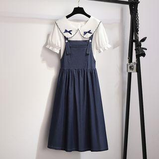 Set: Puff-sleeve Bow Blouse + Denim Overall Dress