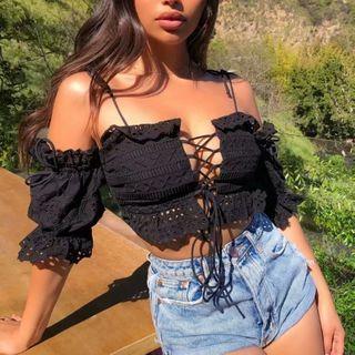 Cold-shoulder Lace-up Cropped Blouse