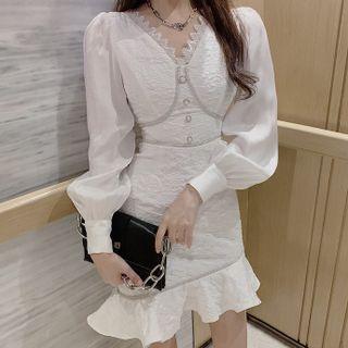 Lantern-sleeve Ruffled Hem Mini Sheath Dress