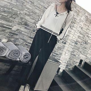 Set: Contrast-trim Lace-up Sweatshirt + Sweatpants