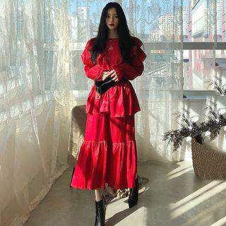 Long-sleeve Ruffled Midi A-line Velvet Dress