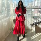 Long-sleeve Ruffled Midi A-line Velvet Dress